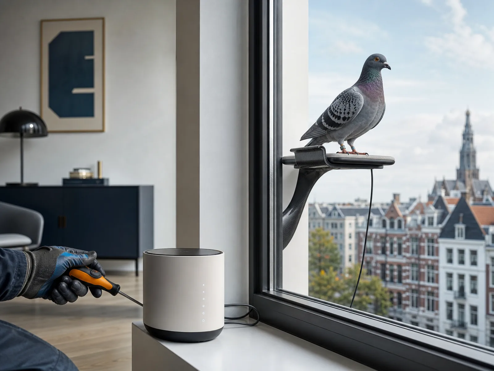 Een Duifnet-zitstok naast een modern appartementsraam, met een duif die buiten wacht.